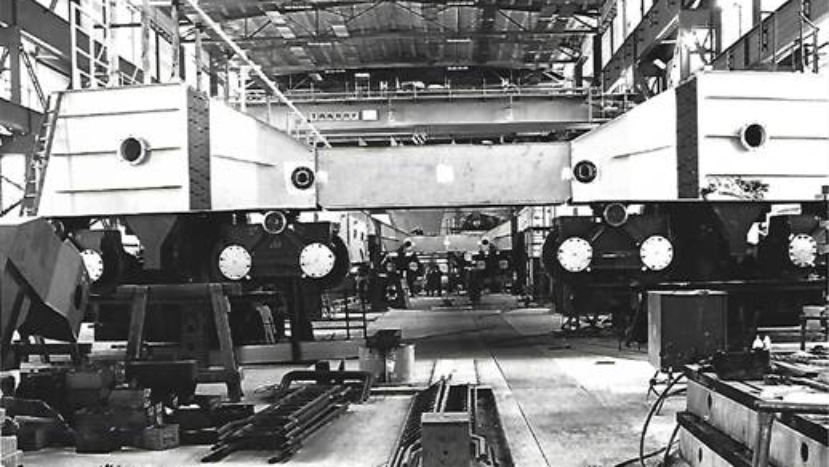 Image of a circular crane being manufactured in 1984 Image of a circular crane being manufactured in 1984